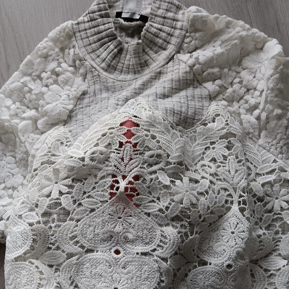Venus Lace Long-Sleeve Mock Neck Ribbed Knit Top Ivory Ecru Grey Sheer Medium